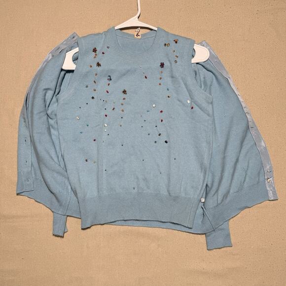 VTG We 100% Cashmere Cardigan & Vest Set Long Sleeve Beads Blue Sz M Scotland - Picture 10 of 13